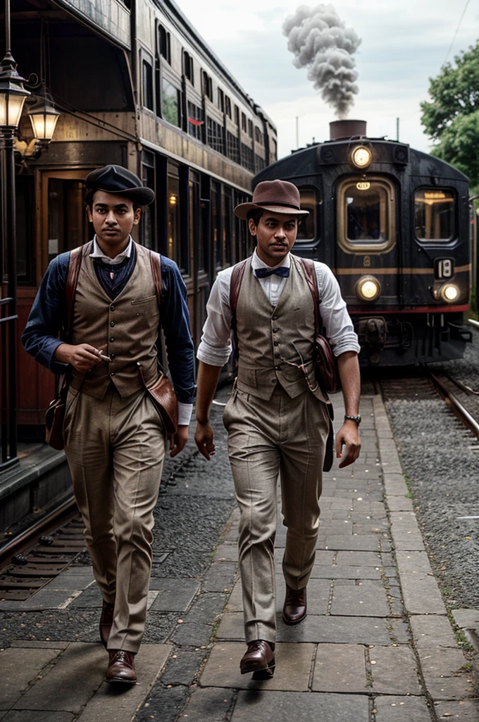 a group of Indian boys running behind a train at a late 18th-century England train station:
Appearance: The boys are dressed in white shirts with sleeves rolled up slightly, wearing suspenders belts and peaky hats. Their faces show excitement and determination as they run.
Setting: The scene is set at a bustling late 18th-century England train station. The train, partially visible and in motion, is on the tracks, with elements such as period-appropriate station buildings, gas lamps, and passengers dressed in historical attire.
Action: The boys are captured mid-run, chasing the moving train through the train station. Their dynamic poses and animated expressions reflect their energy and enthusiasm.
Background: The background includes historical elements of the train station, such as the station platform, period signage, and details like luggage and waiting passengers, all set against the backdrop of Georgian or early Victorian architecture.