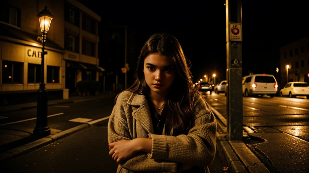 a girl under the street lamp, cozy, asthetic