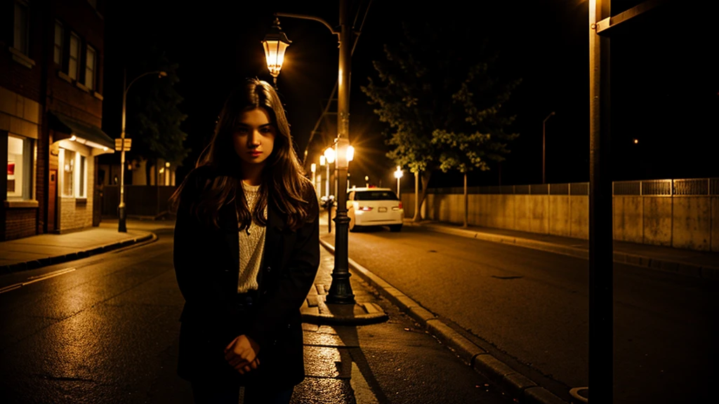 a girl under the street lamp, cozy, asthetic