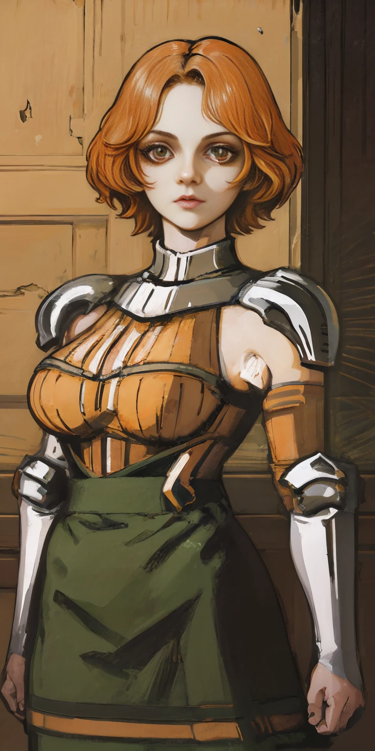 funger, very detailed illustration, 1girl, big breasts, highres, high quality, masterpiece, looking at viewer, (knight), orange hair, absurdres, ultra-detailed, short hair