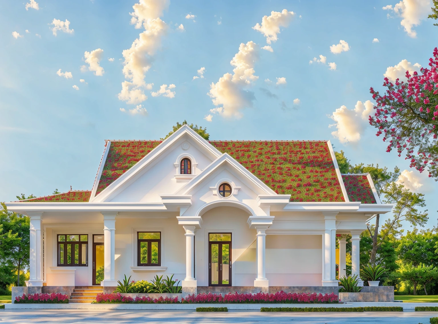 PLATEFORME KTHOUSE, Beaucoup de belles fleurs rouges le long de la route:1.3, Romantique, 1 maison de style néoclassique, La maison de ville est faite de murs blancs, Belle lumière, journée de beauté, ensoleillé, Beaucoup de bougainvilliers rouges le long de la route:1.3, belle sensation de jeunesse :1.2, soleil à midi, Très belles ombres,