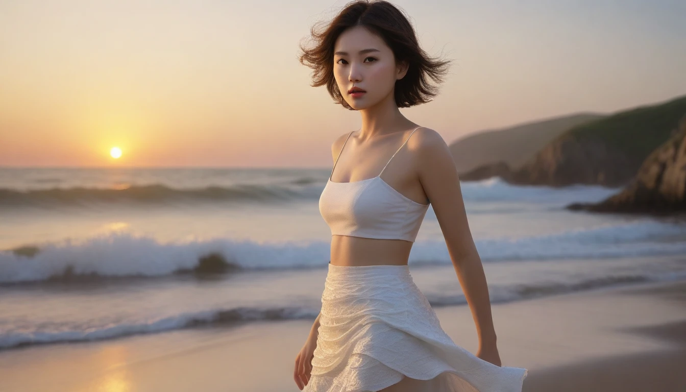 8k realistic, lifelike photo, Realistic appearance of nature, , Woman standing on the beach at sunset. Viewed from a distance with a wide-angle lens , Front view of Asian woman wearing white light skirt, burning sunset light, 1 woman, Short in stature, Short medium hair slightly blowing in the wind, look at the camera, Soak your feet in the rushing waves, waves are coming