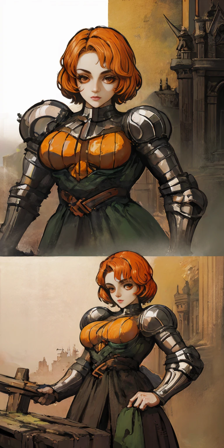 funger, very detailed illustration, 1girl, big breasts, highres, high quality, masterpiece, looking at viewer, (knight), orange hair, absurdres, ultra-detailed, short hair