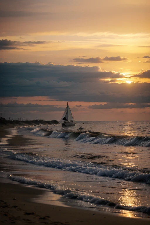 Sea at sunset, children on the beach, light wind, sailboat on the horizon