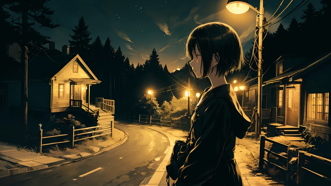 girl、alone,Temporarily stop, whole body, Sailor suit、held a pistol、Dim mountain road、Anime illustration、night、Illuminated by street lights、Black Hair、short hair、profile、Road on the cliff、Warped guardrail、No house、