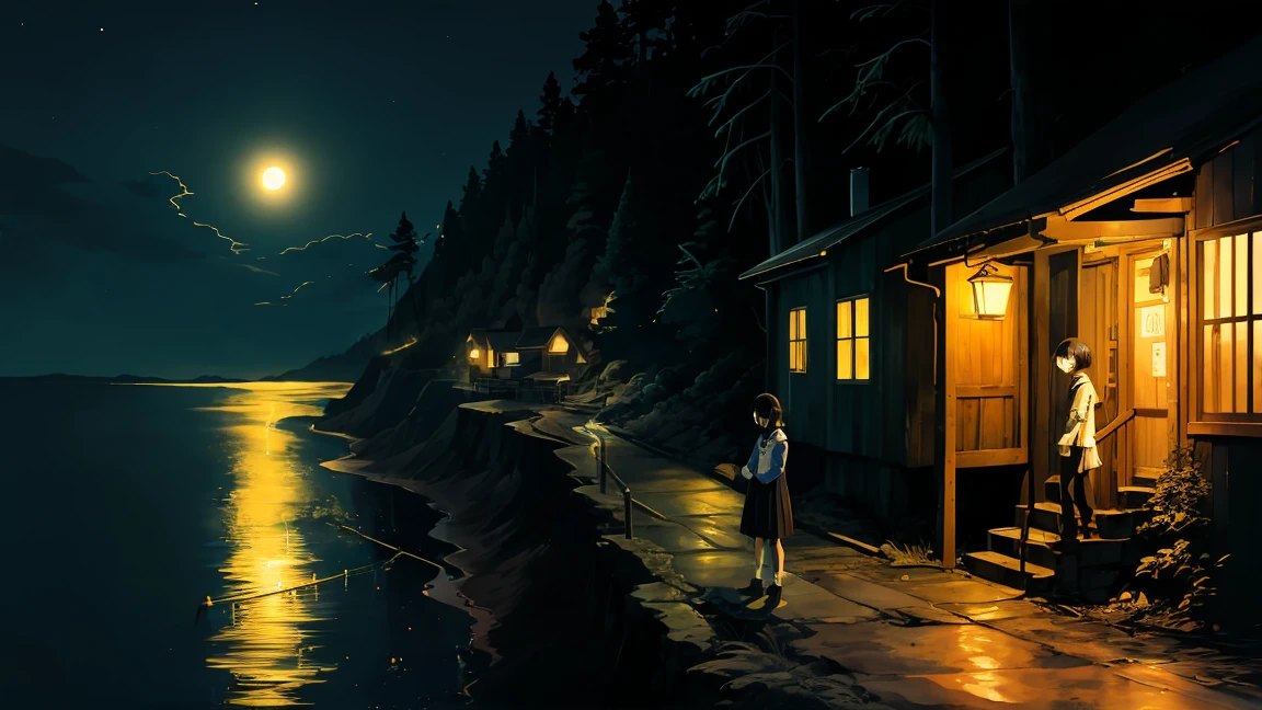girl、alone,Temporarily stop, whole body, Sailor suit、held a pistol、Dim mountain road、Anime illustration、night、Illuminated by street lights、Black Hair、short hair、profile、Road on the cliff、Warped guardrail、No house、