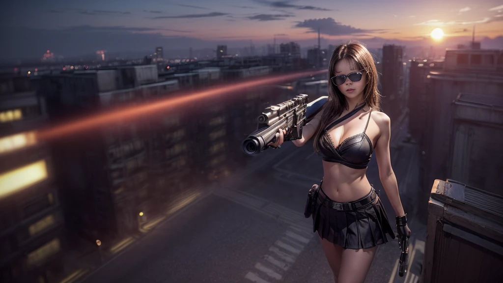 (((At night, ((very dark sunset sky)), (((1girl, solo))), a western woman, photo realistic, large-breast:1.2 slim body, cleavage, off tube top, short pleated miniskirt, standing on rooftop, (matrix style black sunglasses), (((aiming towards viewer with a short:0.8 pistol))), half-body thigh level medium:1.2 shot))). In the background, simple aerial view of a sci-fi futuristic city, (((flying vehicle speeding towards viewer))).