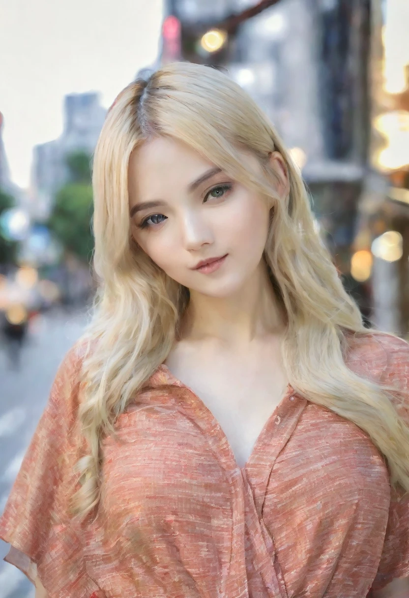 （（（European Caucasian Woman）））、（（（Mary, 18 years old）））、one person、（Thin contours、Grey Eye:1.5）、（Thin contours）、Big Breasts、Narrow waist、（（（White and translucent skin:1.3）））、Beautiful, shiny blonde medium-long hair、8-head-tall model style、Waist-down angle、Tokyo city、