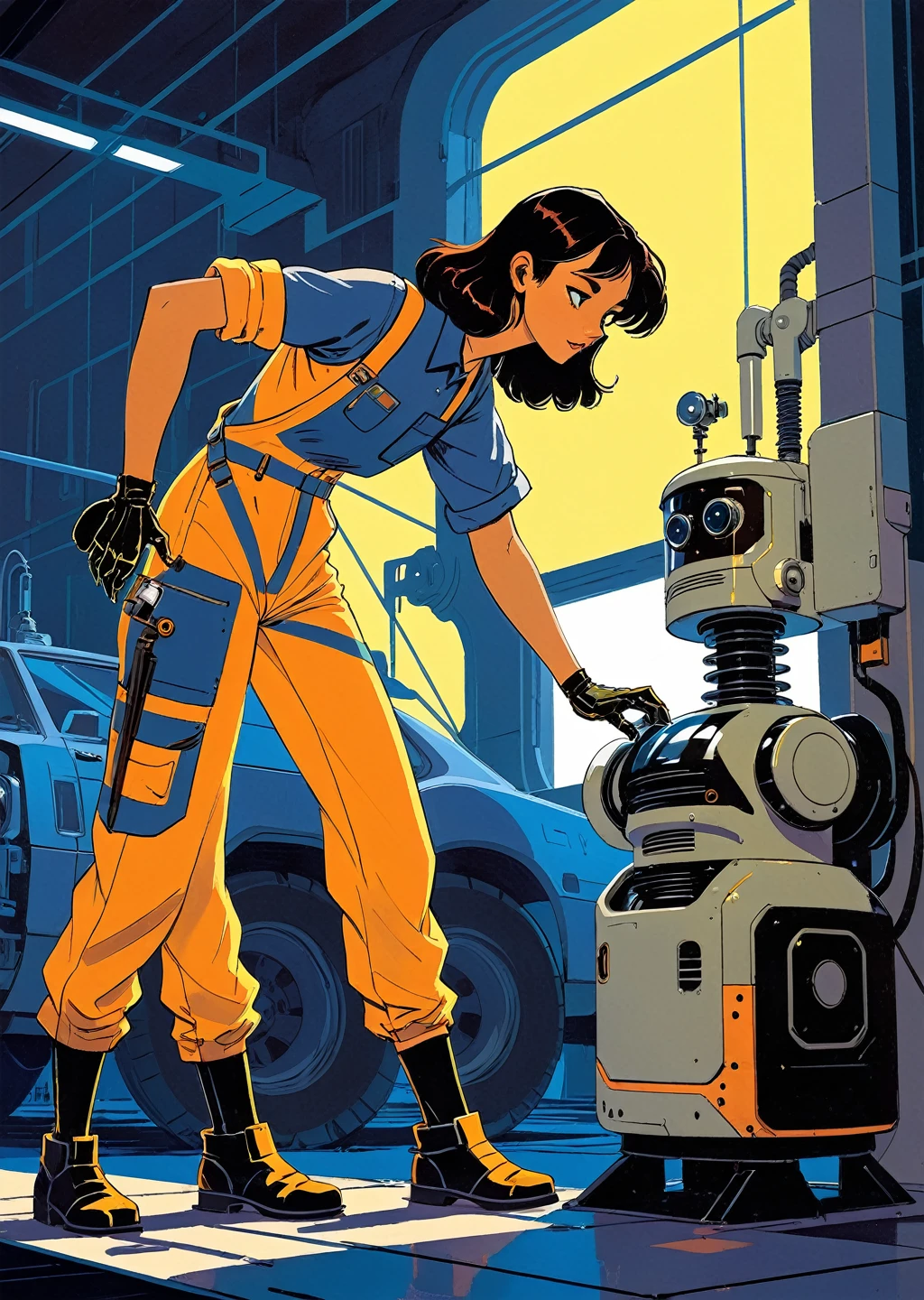 Concept art by Syd Mead, retrofuturistic, 
1 female worker wearing overalls, Repair the robot, factory, Shadows Dramatic Lighting
[(detailed:1.2): [ (many small detailed:1.3) : [ (many ultrasmall detailed: 1.2):(非常にdetailedな極小エッジとマイクロレリーフ:1.5):0.7 ]: 0.4 ] :0.2]