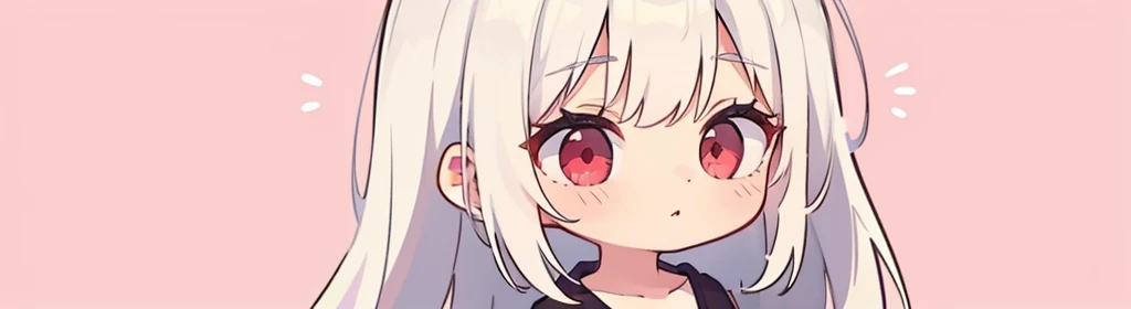 ((((1girl:1.5)))), white hair, red eyes, long hair, (collarbone:1.4), (animation style), (2d, chibi, cute, cute, small , big eyes), skin color white, think about something, background/(In the cafe ,modern pink girl&#39;s room, bed, Soft mood lighting), ((a single rose))