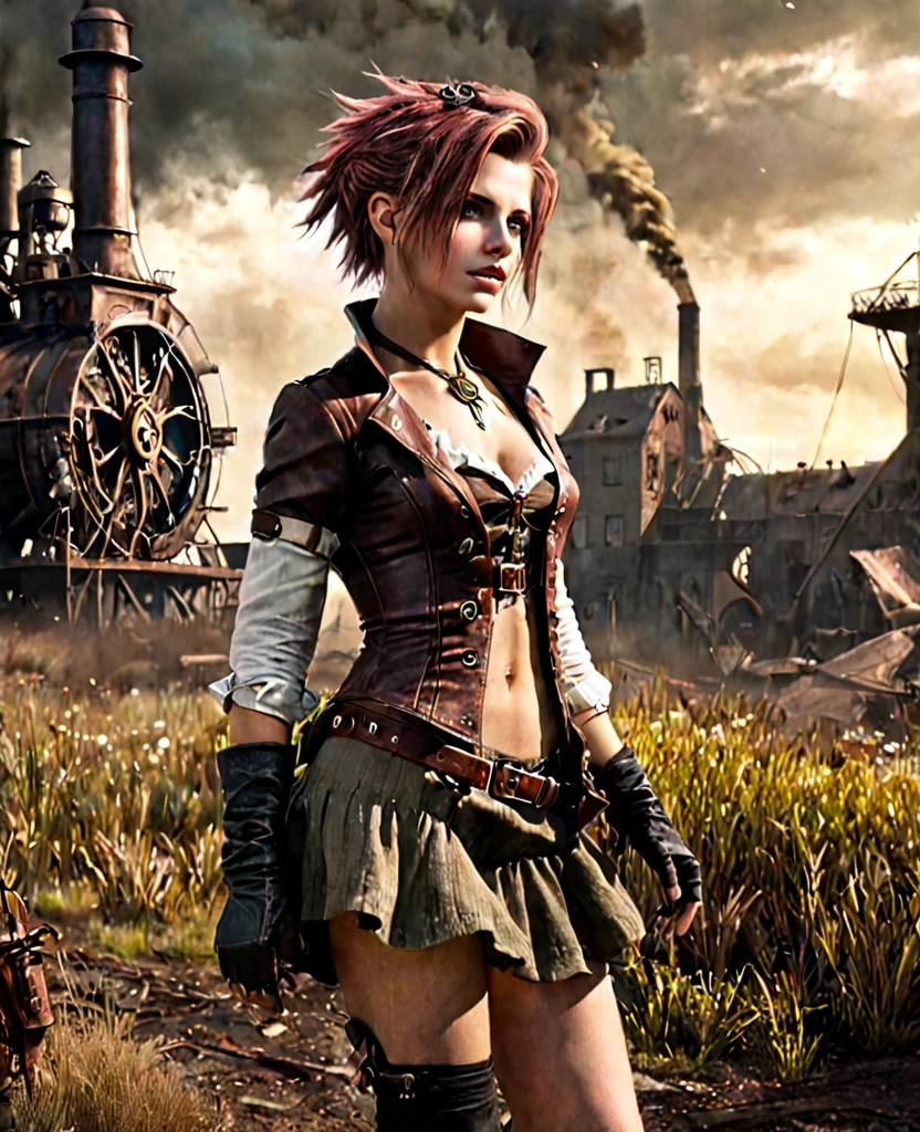 (((high resolution))), (((extremely detailed))), ((masterpiece)), dramatic shadows, depth of field, analog photo style, (world in which are collide steampunk and postapocalyptic vibes), postapocalyptic cute female in steampunk torn dirty clothes, looks like Aerith Gainsborough, depth of field, full body shot, unzoomed, (perfect body: 1.4), (sidecut short hairstyle), (stalking is quite common, although not the best way to make a living), looks interested, stylized atmosphere of unreality, dark aesthetic, dynamic pose, in motion, Armageddon, increase cinematic lighting, highly lifelike skin texture, parted lips, weary eyes, fine eyes, whitened skin, random hair colour, doomsday aura,