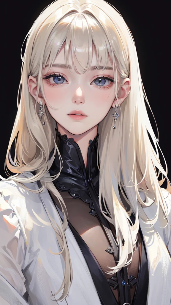 (Top resolution、Distinct_image)top-quality、femele、​masterpiece、highly detailed、Semi-realistic、platinum blonde hair 、18year old、young、Exquisite facial features、Facial features、unique hairstyle, variations, potrait, white background , long hairstyles, 