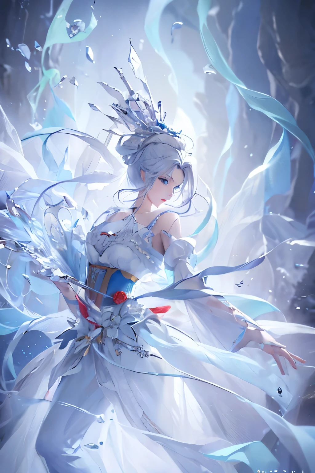 ((Extremely detailed CG unity 8k wallpaper)), masterpiece, Extremely detailed, floating, high resolution, Sexual suggestion, (small, Absurdly long white hair, Princess, White Mage, blue eyes, (Gorgeous White and Red Sheer Layered Maxi Dress,With detachable wide sleeves and intricate embroidery), Wedding Veil, ring, Bridal Gloves, blush, Shy, arching back, Ruffled petticoat, Gorgeous corset,