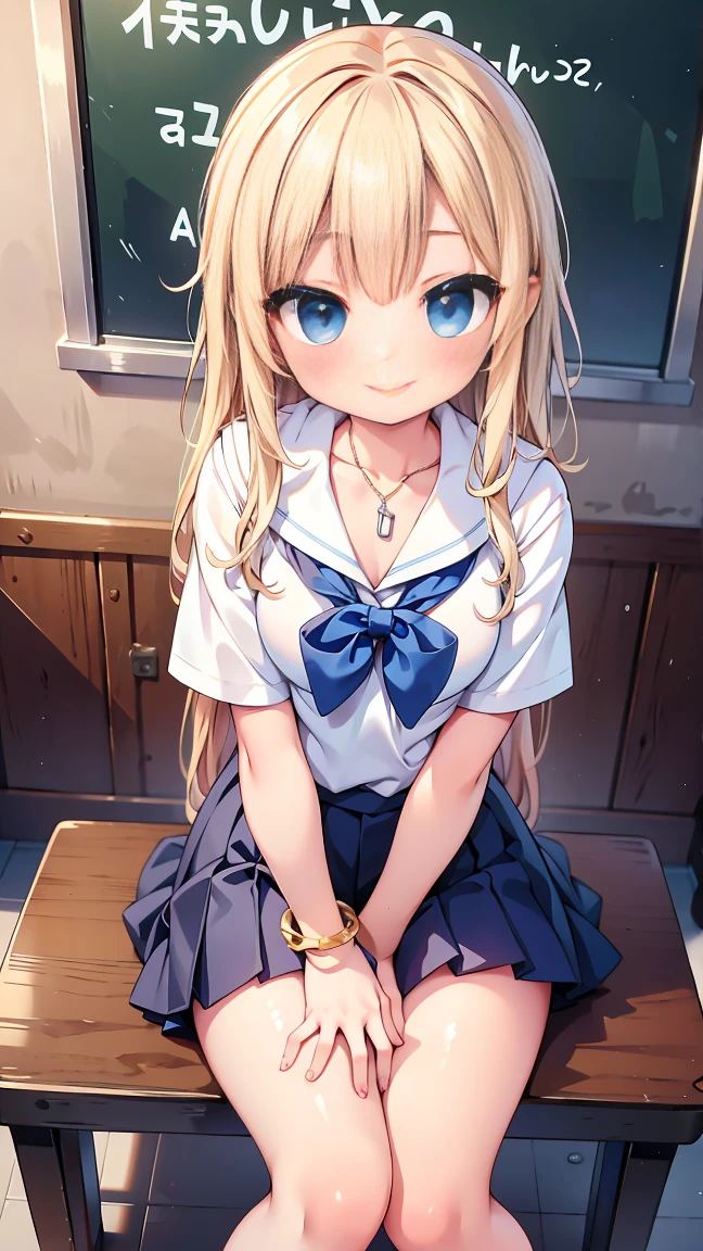Heavy makeup,16 years old,smile,blonde,Wave Long,Japanese,White shirt, Thailand, Pleated skirt, Micro Mini Skirt, loafers, whole body,Beautiful thighs,Sitting,(Real schoolgirl:1.3),(Honor student),Classroom during lesson,Spread your legs,blue eyes:1.1,necklace、bracelet