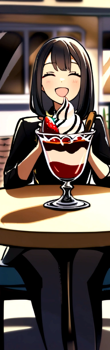2 girls, sitting, cafe table, sundae, happy