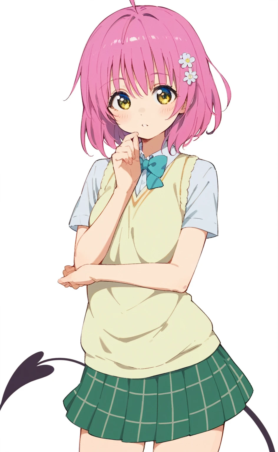 1girl, front view, love live tennouji rina, ahoge, yellow eyes, white shirt and blue bowtie and yellow sweater vest otonokizaka , simple blue background