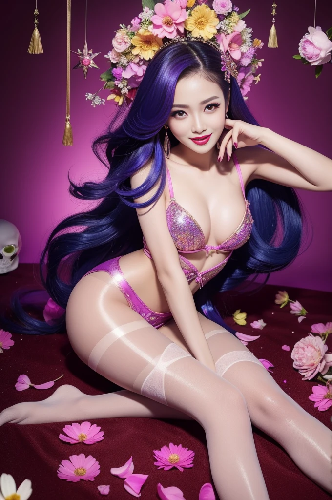 y Thai model who controls poison、beautiful smile、lipgloss、bold lipstick、intense makeup、look at the camera、full body Esbian、、sparkling poisoned flower costume、、、、sparkling Colorful hair、secrete poison、skull hair accessories、sexights、shiny sparkling flowers background