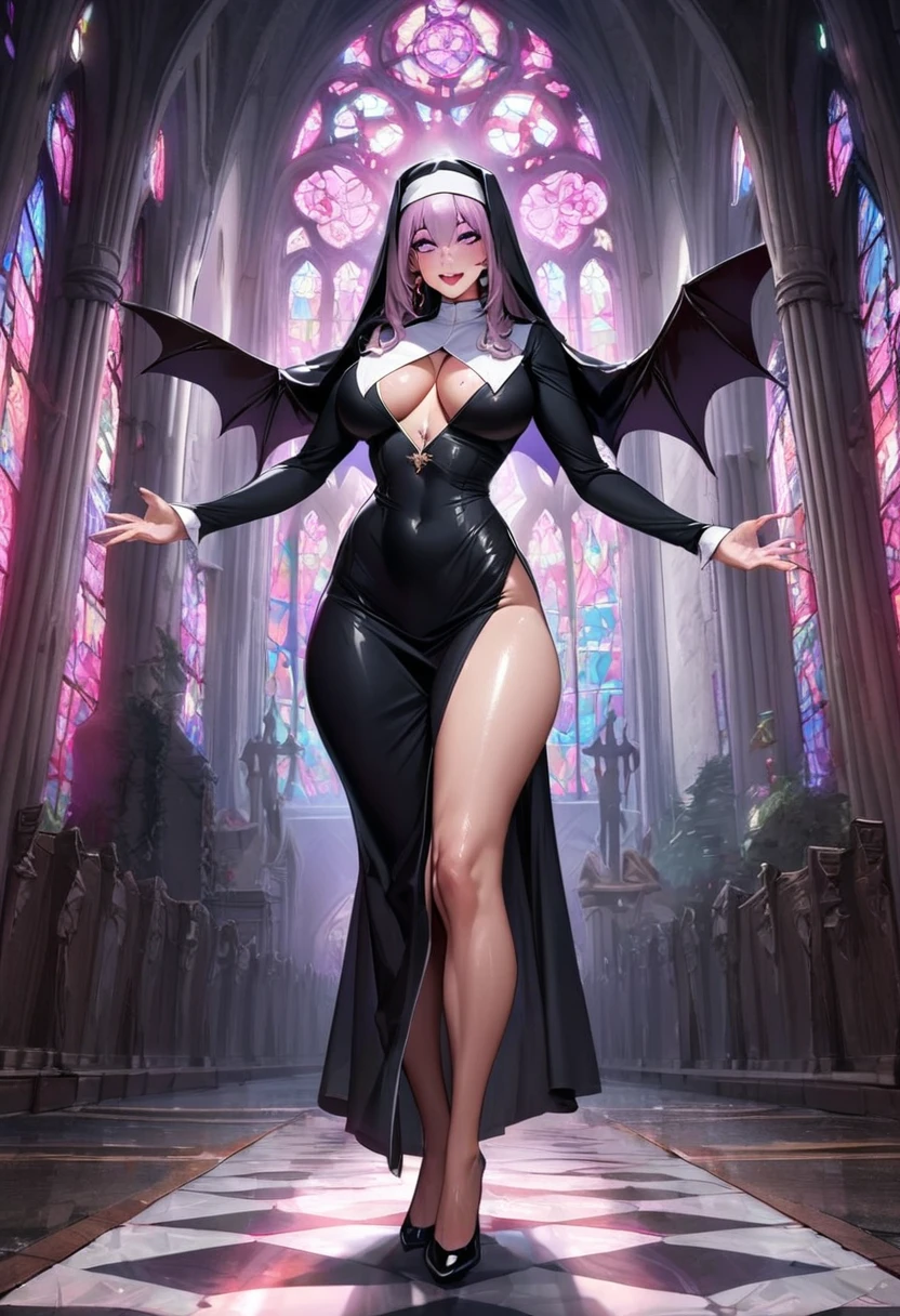 1 mature woman,(Highest quality,Extremely detailed depiction,Incredibly absurd high resolution,Anatomically accurate depiction,Two lovely hands, Perfect body,Five perfect fingers,Curvy Legs),(Succubus disguised as a priest,Intricate and shiny clerical robes),eyelash,(Purple Eyes,Eyes of Madness,There is cleavage in the chest,Bewitching Smile,Glossy lipstick,Standing posture),Sweat,(whole body),(background:A magnificent church with stained glass),Pink light,devil wing earrings,(From above:1.2),Over your shoulder