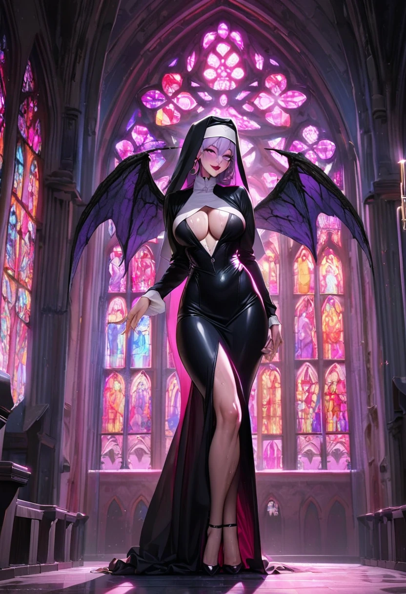 1 mature woman,(Highest quality,Extremely detailed depiction,Incredibly absurd high resolution,Anatomically accurate depiction,Two lovely hands, Perfect body,Five perfect fingers,Curvy Legs),(Succubus disguised as a priest,Intricate and shiny clerical robes),eyelash,(Purple Eyes,Eyes of Madness,There is cleavage in the chest,Bewitching Smile,Glossy lipstick,Standing posture),Sweat,(whole body),(background:A magnificent church with stained glass),Pink light,devil wing earrings,(From above:1.2),Over your shoulder