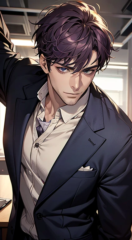 (best quality,4k,8k,highres,masterpiece:1.2),ultra-detailed,(realistic,photorealistic,photo-realistic:1.37),1 man,31 years old,mature man,very handsome,without expression,smile,short purple hair,blue eyes,penetrating gaze,perfect face without errors,imposing posture,businessman,office background,cinematic lighting,hdr image