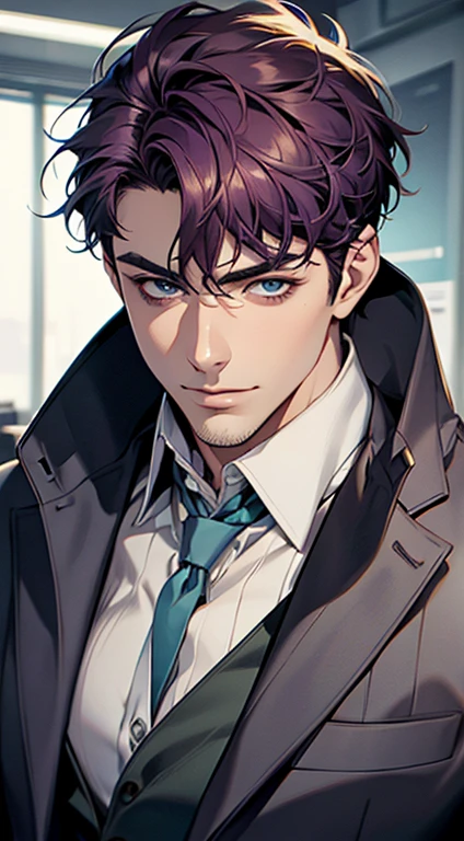 (best quality,4k,8k,highres,masterpiece:1.2),ultra-detailed,(realistic,photorealistic,photo-realistic:1.37),1 man,31 years old,mature man,very handsome,without expression,smile,short purple hair,blue eyes,penetrating gaze,perfect face without errors,imposing posture,businessman,office background,cinematic lighting,hdr image