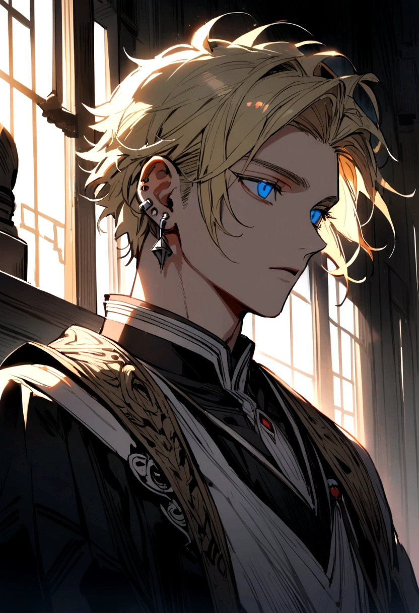 A handsome boy with blue eyes, messy blonde hair shaved on the sides, ear piercings and slver accessories