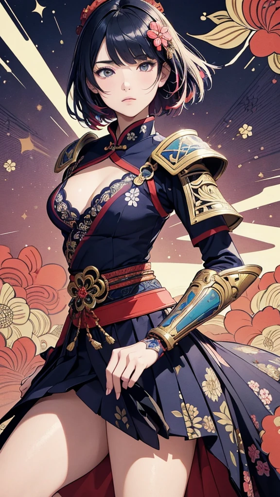 flat color,ukiyoe-style,(best quality, masterpiece, ultra high-resolution, ultra-detailed: 1.2),A vibrant and colorful illustration of an anime-style female samurai character with darkblue wavy-short hair, tween,holding her sword in front of her face. She is wearing traditional Japanese adorned with floral patterns, a backdrop filled with colorful patterns representing ancient symbols and floral motifs. The background is richly detailed with geometric shapes that add depth to their figure's presence., creating a whimsical atmosphere. The background features bold colors and intricate designs that add to the overall visual appeal. This artwork showcases vivid hues, intricate details on both attire and armor, capturing movement as she walks forward in the style of intricate details on both attire and armor, capturing movement as she walks forward.