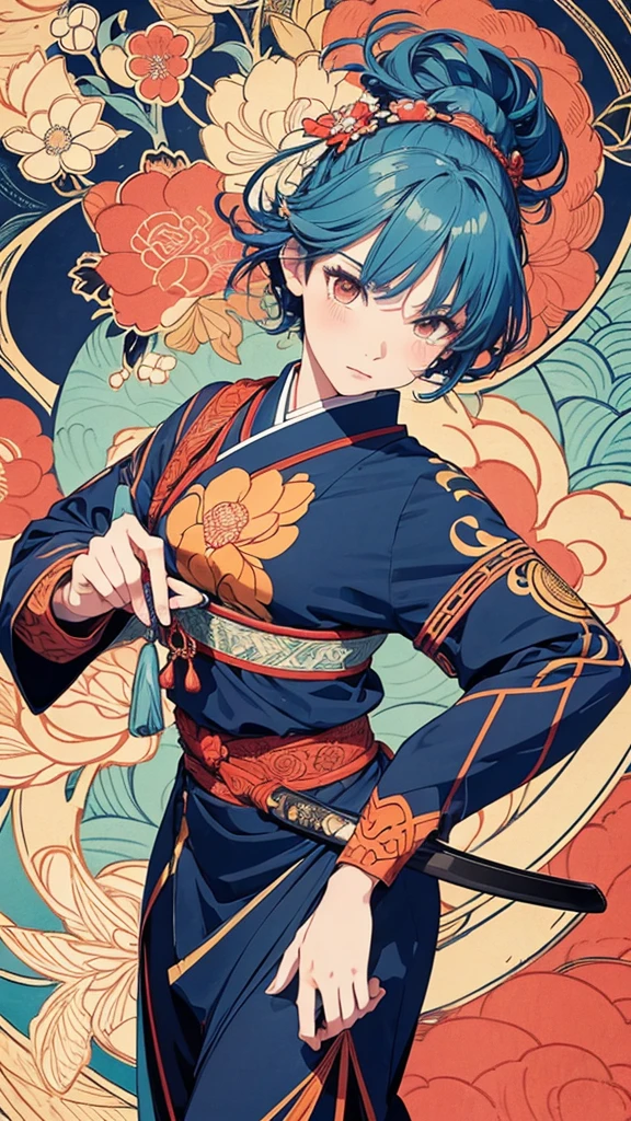 flat color,ukiyoe-style,(best quality, masterpiece, ultra high-resolution, ultra-detailed: 1.2),A vibrant and colorful illustration of an anime-style female samurai character with darkblue wavy-short hair, tween,holding her sword in front of her face. She is wearing traditional Japanese adorned with floral patterns, a backdrop filled with colorful patterns representing ancient symbols and floral motifs. The background is richly detailed with geometric shapes that add depth to their figure's presence., creating a whimsical atmosphere. The background features bold colors and intricate designs that add to the overall visual appeal. This artwork showcases vivid hues, intricate details on both attire and armor, capturing movement as she walks forward in the style of intricate details on both attire and armor, capturing movement as she walks forward.