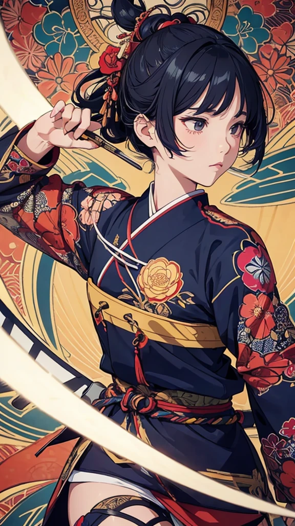 flat color,ukiyoe-style,(best quality, masterpiece, ultra high-resolution, ultra-detailed: 1.2),A vibrant and colorful illustration of an anime-style female samurai character with darkblue wavy-short hair, tween,holding her sword in front of her face. She is wearing traditional Japanese adorned with floral patterns, a backdrop filled with colorful patterns representing ancient symbols and floral motifs. The background is richly detailed with geometric shapes that add depth to their figure's presence., creating a whimsical atmosphere. The background features bold colors and intricate designs that add to the overall visual appeal. This artwork showcases vivid hues, intricate details on both attire and armor, capturing movement as she walks forward in the style of intricate details on both attire and armor, capturing movement as she walks forward.
