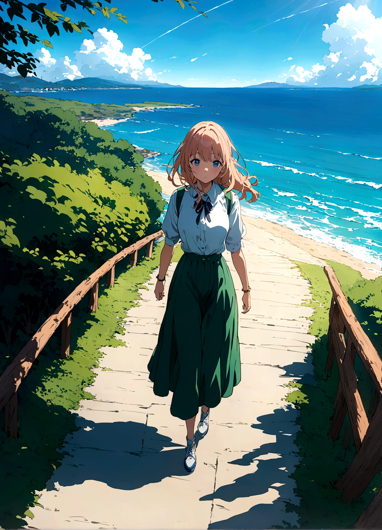 Masterpiece, top quality, 8k, super detailed, anime style, a high school girl in a uniform running ahead of a high school boy on a road leading to the sea. The sky is clear and blue, with bright summer sunlight illuminating the scene. The road and the ocean in the background create a sense of freedom and adventure. 