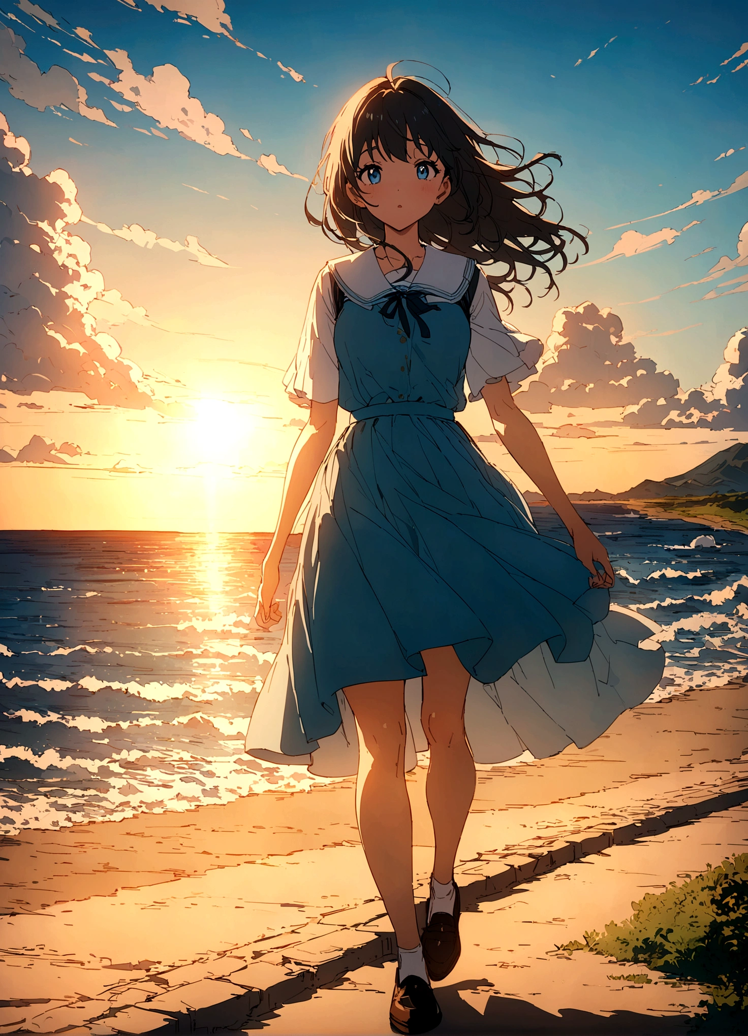 Masterpiece, top quality, 8k, super detailed, anime style, a high school girl in a uniform running ahead of a high school boy on a road leading to the sea. The sky is clear and blue, with bright summer sunlight illuminating the scene. The road and the ocean in the background create a sense of freedom and adventure.
