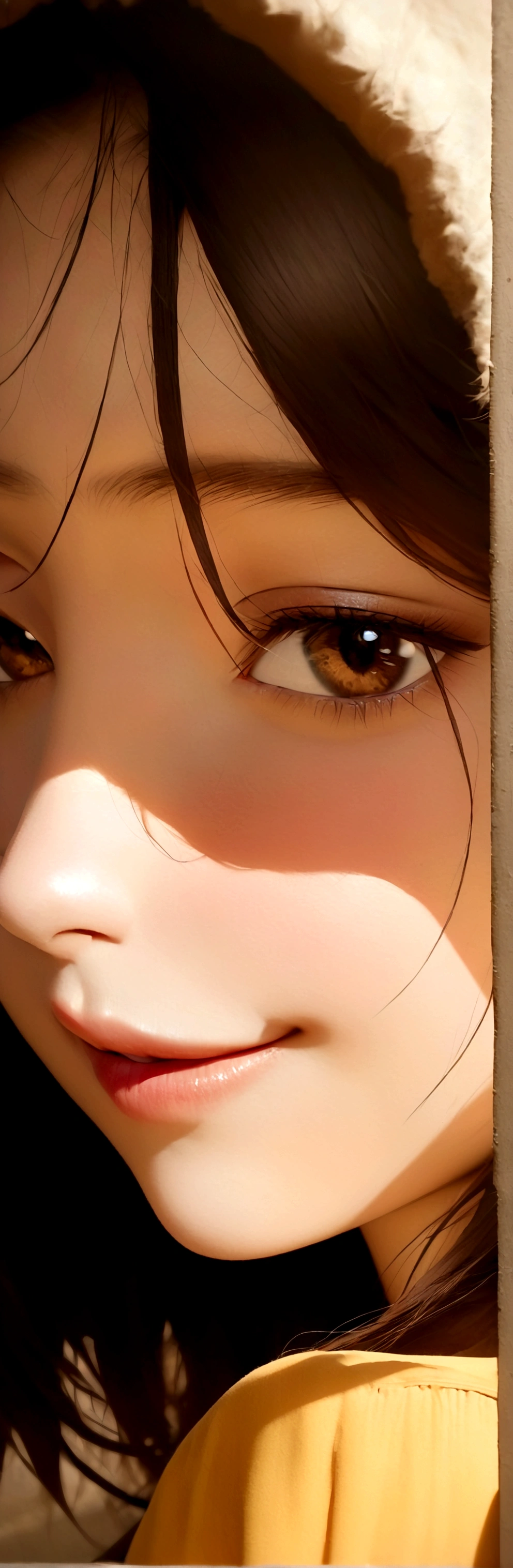 (Masterpiece:1.2, Best Quality), (real image, intricate details), 1 right, Alone, Upper part of the body, Casual, wide, minimal makeup, Natural fabrics, closeup face, SMILE, Home