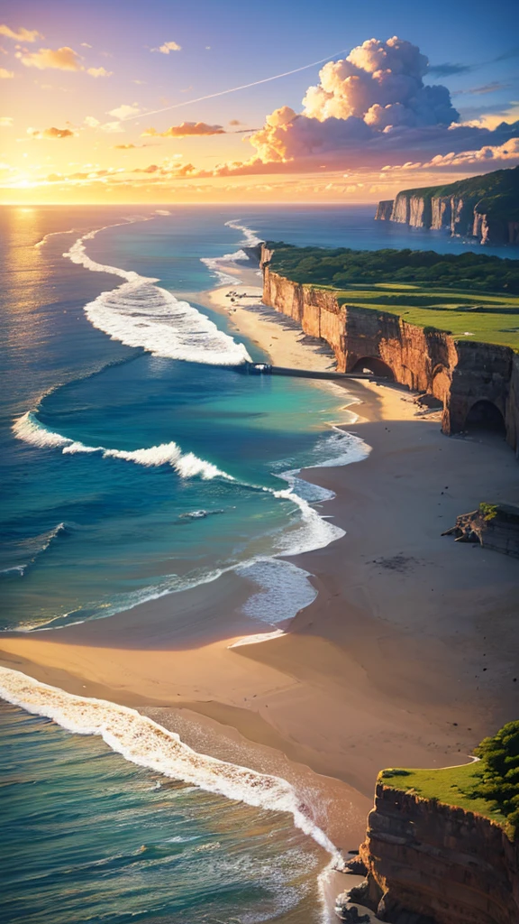 high detailed,beautiful tropical beach,vast ocean,golden sand,sandy beach,distant cliffs,dramatic lighting,warm sunlight,glimmering water,crashing waves,seagulls flying,lush vegetation,scenic coastal landscape,dramatic sky with clouds,vibrant colors,photorealistic,cinematic composition,award-winning photography,masterpiece,8k,highly detailed