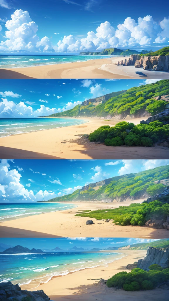 high detailed,beautiful tropical beach,vast ocean,golden sand,sandy beach,distant cliffs,dramatic lighting,warm sunlight,glimmering water,crashing waves,seagulls flying,lush vegetation,scenic coastal landscape,dramatic sky with clouds,vibrant colors,photorealistic,cinematic composition,award-winning photography,masterpiece,8k,highly detailed