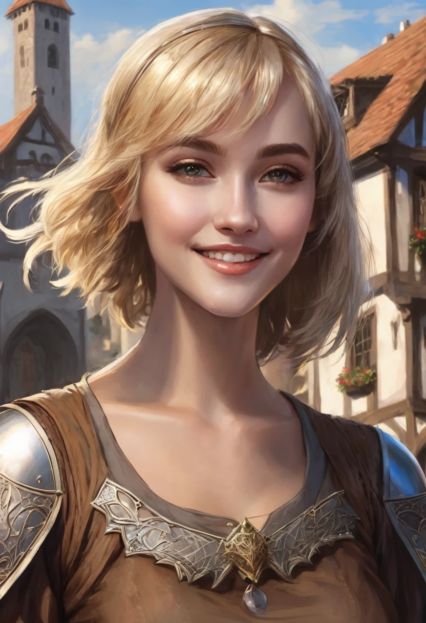 1 female woman, beatuiful face, fantasy, young adult years, she is wearing brown cheap medieval clothes, she has blond short bobcut hair, she has grey eyes, she is smiling, town in the background, fantasy, she has one angelic big wing white, very flat chest