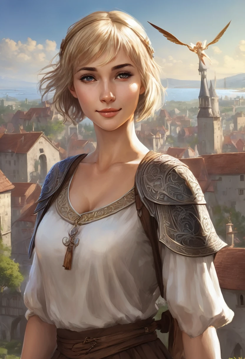 1 female woman, beatuiful face, fantasy, young adult years, she is wearing brown cheap medieval clothes, she has blond short bobcut hair, she has grey eyes, she is smiling, town in the background, fantasy, she has one angelic big wing white, very flat chest