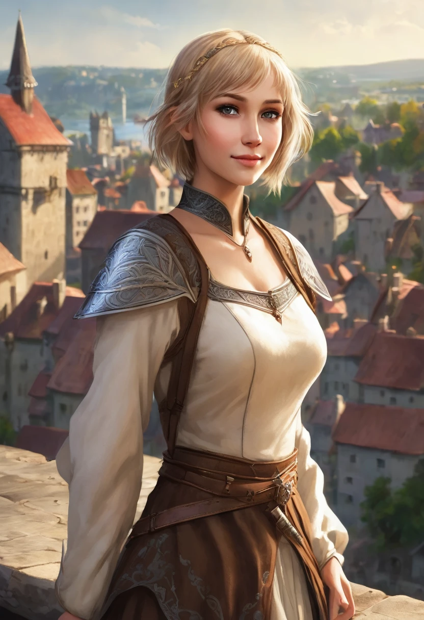 1 female woman, beatuiful face, fantasy, young adult years, she is wearing brown cheap medieval clothes, she has blond short bobcut hair, she has grey eyes, she is smiling, town in the background, fantasy, she has one angelic big wing white, very flat chest