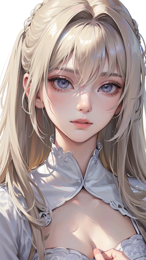 (Top resolution、Distinct_image)top-quality、femele、​masterpiece、highly detailed、Semi-realistic、platinum blonde hair 、18year old、young、Exquisite facial features、Facial features、unique hairstyle, variations, potrait, white background , long hairstyles, 