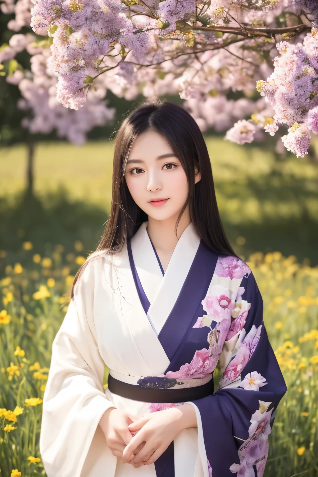 Super super realistic、high quality、Very detailed、Ultra-high resolution、Black Hair、Long Hair、The Beauty of Japan、No makeup、double、Wide-set eyes、Sensual eyes、Sleepy eyes、Apple Cheeks、Alabaster peel、Thin eyebrows 、teeth、Thick lips、sad、behind、Embarrassing 、Apply blush all over the face、Sticking out tongue、Mole under  eye、Half-closed eyes、Hollow Eyes、envy、Exhausted、19 years old、height: 147cm、she wearing deep purple and black kimono、standing on Flower Meadow of Delphinium、sunlight、full body、blue sky、glint、