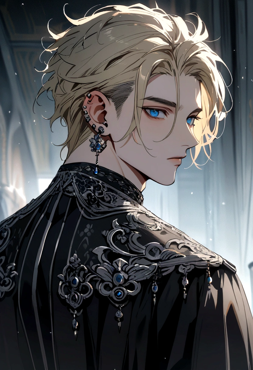 A handsome hot boy with blue eyes, messy blonde hair shaved on the sides, ear piercings and slver accessories