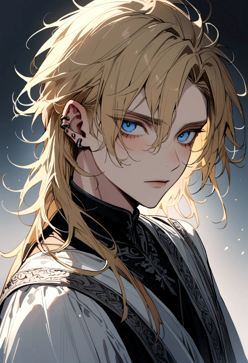 A handsome hot boy with blue eyes, messy blonde hair shaved on the sides, ear piercings and slver accessories