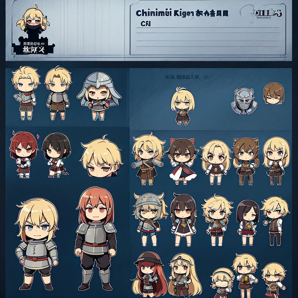 ((((Chibi Character、Character Sheet))))、Highest quality, Best Quality, High Quality Illustrationedieval Knight、men and women)))、(Man of the Middle Ages)、(Iron Helmet)、(in trouble、Sweat、anxiety)