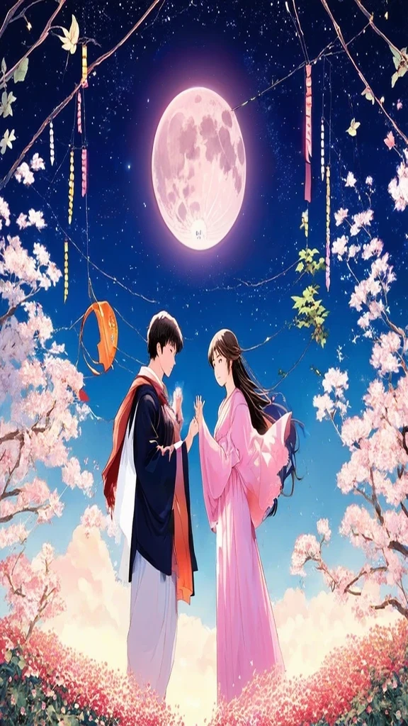 Under the full moon、Two people standing in a field々, colorful Anime movie background, Beautiful fantasy anime, Beautiful Anime, Beautiful peaceful scene in anime, Anime movie background, Anime Images, Anime Background, Beautiful Anime scene, Anime Style 4k, manga, Kyoto Animation Style, Holding hands under the moonlight, 4K manga壁紙, Boy Girl Traditional Romance, Big pink moon,