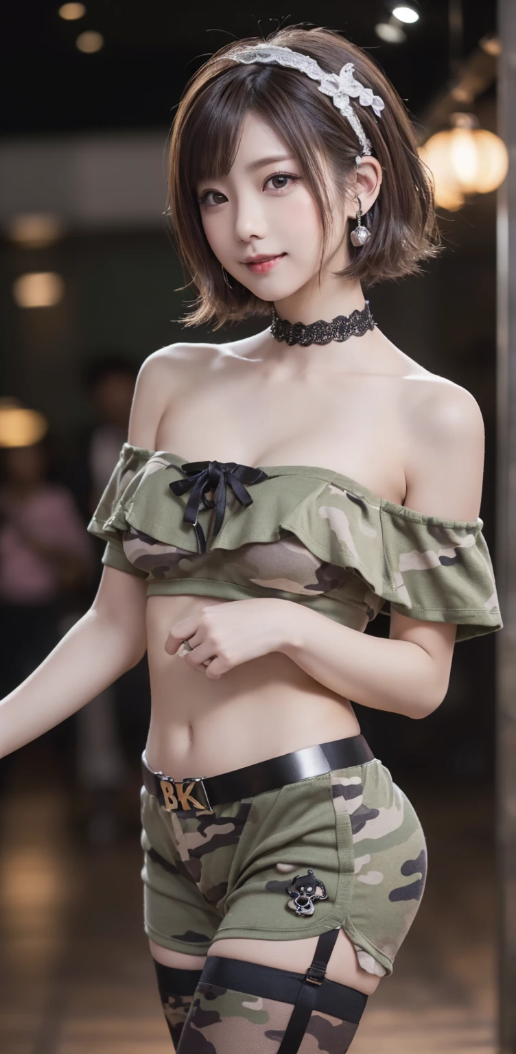 (Side view:1.1)、(Beautiful skin, lips and nose:1.4)、(Smiling with teeth showing:1.3),(Fashion Model:1.5)、(Gothic Lolita delicately decorated battle uniform:1.5)、(Moss green off-shoulder hoodie:1.5)、(Black, silver and white shorts:1.4)、(denim garter belt:1.5)、(Black and camouflage knee socks:1.3)、(Skull Silver Accessories:1.5)、(Lace collar:1.3)、(Brown Skin Belt:1.4)、(Brown boots:1.2)、(Underwear has polka dots:1.4)、23 years old、((Highest quality、In 8K、masterpiece:1.3))、Sharp focus:1.2、(Layered Cut、Huge boobs:1.1),Beautiful woman with perfect figure:1.4、(Dancing vigorously:1.3)、Slender Abs:1.2、Highly detailed face and skin texture、Detailed eyes、double eyelid,(Bob Hair:1.3)、(Brown Hair:1.3)、Gravure idol、(The background is a luxurious dance hall.:1.3)、(Slim body:1.2),(Make your legs thinner:1.4),(clavicle:1.1)