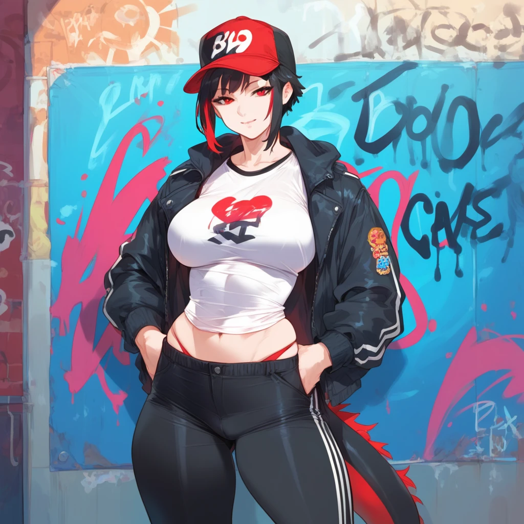 mixed_artwork style, 1 girl, standing alone, hands, Asian, short black hair with red highlights, red eyes, Photography, Techwear, hip-hop, graffiti, cap, stylish, b-girl, Dragon, black and red,