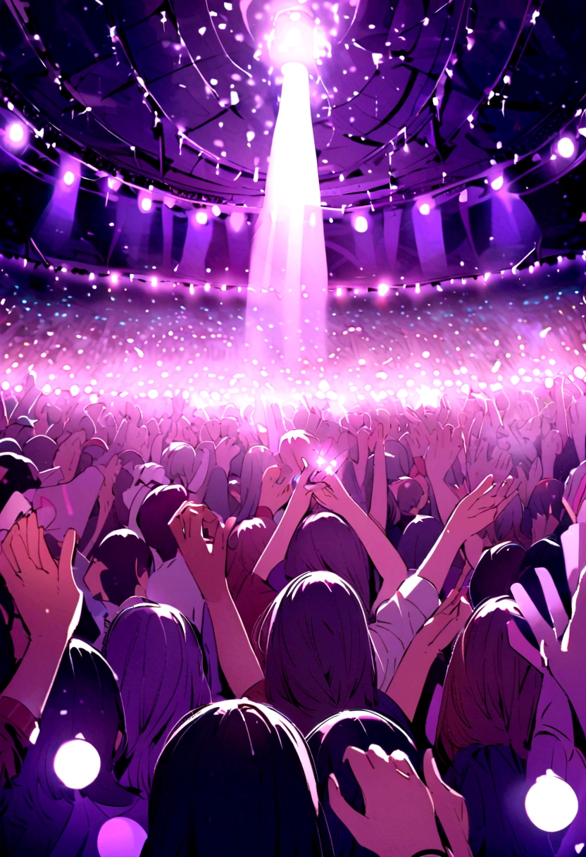 Concert audience with small lights in their hands, hands up, purple lighting, many lights, lively atmosphere, ((perfect hands)), hands thrown in the air, 