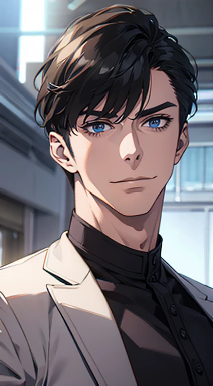 (best quality,4k,8k,highres,masterpiece:1.2),ultra-detailed,(realistic,photorealistic,photo-realistic:1.37),1 man,31 years old,mature man,very handsome,without expression,smile,short purple hair,blue eyes,penetrating gaze,perfect face without errors,imposing posture,businessman,office background,cinematic lighting,hdr image