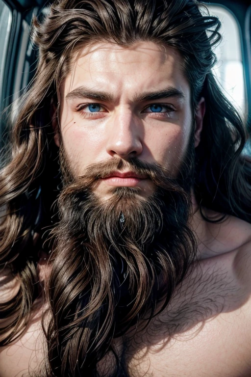 Beautiful muscle god blue eyes beard long curly hair in the ice