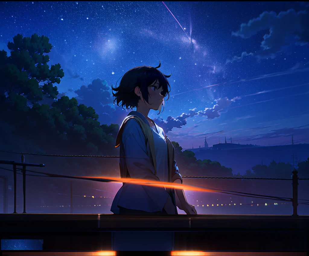 Films by Makoto Shinkai「Your Name。」Wallpapers inspired by. Starry Sky, masterpiece, Black silhouette, Perfect Anatomy, romantic, Kimi No Na Wa, Highly detailed face、girl、Cute face, Perfect Face, masterpiece, 4K, in love, Your name style, Kimi No Na Wa, Starry Sky, Black silhouette, Shadow