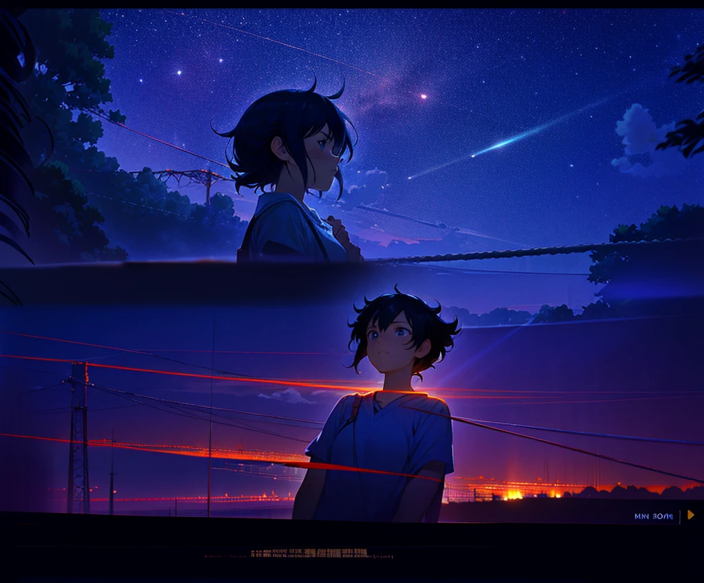 Films by Makoto Shinkai「Your Name。」Wallpapers inspired by. Starry Sky, masterpiece, Black silhouette, Perfect Anatomy, romantic, Kimi No Na Wa, Highly detailed face、girl、Cute face, Perfect Face, masterpiece, 4K, in love, Your name style, Kimi No Na Wa, Starry Sky, Black silhouette, Shadow